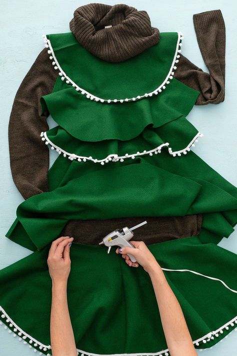 Skip the Sweater and DIY an Ugly Sweater Dress This Holiday - Brit + Co Ugly Christmas Sweater Diy Funny, Diy Christmas Outfit, Christmas Tree Outfit, Ugly Christmas Sweater Dress, Ugly Christmas Sweater Outfit, Christmas Costumes Women, Ugly Christmas Tree, Ugly Sweater Day, Christmas Tree Costume