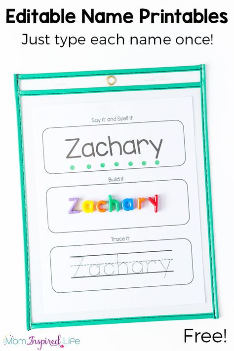 Editable name tracing and spelling printables. Type each name once and all of the pages are filled in for you! Perfect for preschool name learning. Kindergarten Names, Name Writing Practice, Preschool Names, Name Tracing Worksheets, Name Practice, Name Tracing, Learning Printables, Name Activities, Preschool Writing