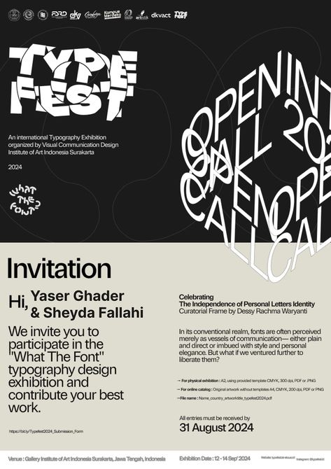 Invitation from 🇮🇩 2024 "What The Font?" International Typography Design Exhibition organized by Visual Communication Design - Institute of Art Indonesia Surakarta. Thank you dear Shakila Dwi Yulianti for the invitation #invitation #exhibition #typography #indonesia Art Exhibition Invitation, Exhibition Typography, Exhibition Invitation, Visual Communication Design, Design Institute, Design Exhibition, Art Exhibit, Information Design, Communication Design