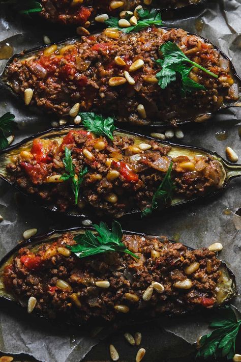 Jordanian Lamb-Stuffed Roasted Eggplant • All that's Jas Jordanian Recipes, Jordanian Food, Spiced Lamb, Lamb Dinner, Syrian Food, East Recipes, Middle East Food, Stuffed Eggplant, Middle East Recipes