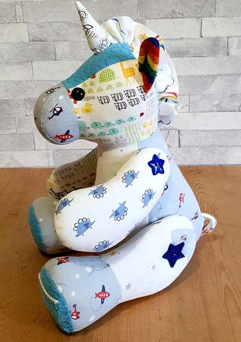 Stuffed Horse Pattern, Memory Elephant Pattern Free, Memory Horse Pattern, Sewn Teddy Bear Pattern, Memory Animal Pattern Free, Unicorn Stuffed Animal Pattern, Memory Stuffed Animals, Keepsake Sewing Projects, Memory Stuffed Animals Patterns Free