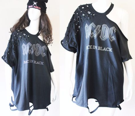 Diy Rock Concert Shirt Ideas, Diy Rock Shirt, Acdc Outfit Ideas, Ripped Shirts Diy, Diy Band Tee, Shirt Dress Outfit Ideas, Distressed T Shirt Dress, T Shirt Dress Outfit, Distressed Tshirt Diy