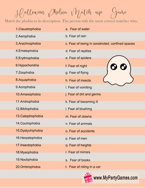 Free Printable Halloween Phobia Match-up Game Free Printable Halloween Games, Printable Halloween Games, Halloween Trivia, Games Adults, Tea Party Games, Halloween Tea Party, Free Halloween Printables, Halloween Social, Free Printable Halloween