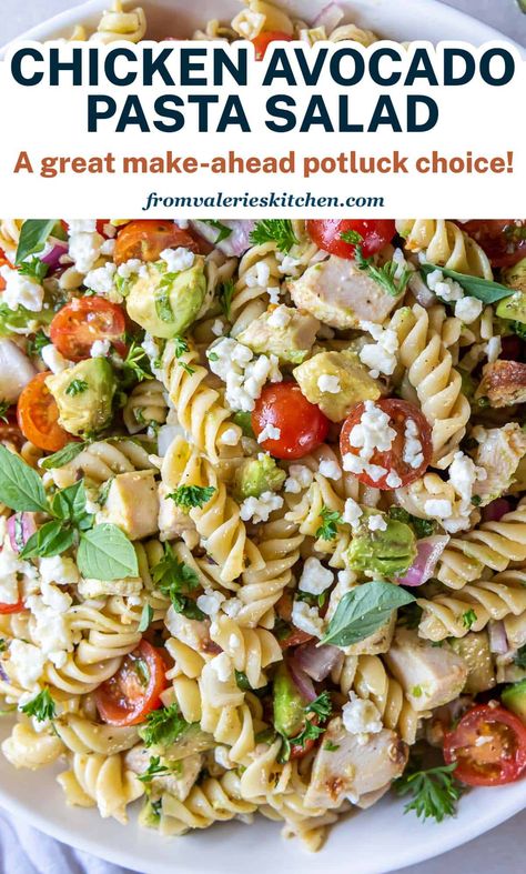 This Chicken Avocado Pasta Salad is loaded with fresh summer ingredients and tossed in a flavorful homemade dressing. This colorful pasta salad is a great choice for a potluck menu! Pasta Salad With Avocado Dressing, Summer Pasta Salad Recipes Cold, Chicken Avocado Pasta, Cold Chicken Pasta Salad, Pasta Salad With Avocado, Salad With Avocado Dressing, Summer Ingredients, Colorful Pasta, Homemade Pasta Salad