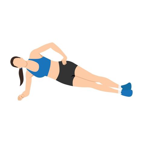 Woman doing Side plank exercise. Flat vector illustration isolated on white background Side Plank Workout, Slant Board Exercises, Side Plank Exercises, Abs Stretches, Types Of Planks Exercises, Side Plank Yoga, Yoga Side Plank, Exercise Illustration, Plank Hip Dips