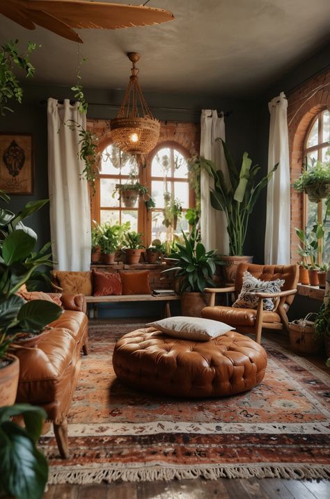 Federal Home Interiors, Moody Boho Interior, Unconventional Dining Room, Dark Botanical Old World Decor, Boho Front Room, Natural Elements Interior Design, Dim Living Room, Masculine Living Room Decor, California Interior Design Style