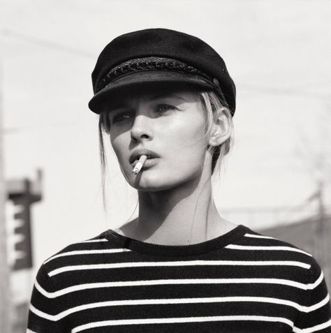 Breton stripes + sailor cap + cigarette - Edita Vilkeviciute by Mark Peckmezian for Holiday Magazine Edita Vilkeviciute, Holiday Magazine, Sailor Cap, Breton Stripes, Baker Boy Hat, Sailor Hat, Baker Boy, Lily Rose Depp, Looks Street Style