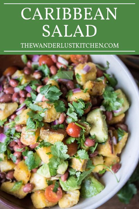 Escape to the tropics with our vibrant Caribbean Salad, blending sweet fried plantains, lush avocados, robust red beans, and juicy tomatoes for an exotic, flavor-packed feast! Plantain Salad Recipe, Caribbean Salads, Plantain Salad, Caribbean Salad, Avocados Recipe, Sweet Fried Plantains, Caribbean Party, Fried Plantains, Dinner Club