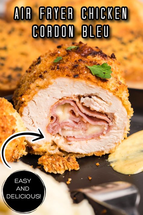 A closeup of a chicken cordon bleu cut in half so you can see all of the ham and cheese inside. Chicken Cordon Bleu Recipes, Air Fryer Chicken Cordon Bleu, Cordon Bleu Chicken, Air Fryer Recipes Chicken Breast, Cordon Bleu Recipe, Chicken Cordon Bleu Recipe, Ham And Swiss, Air Fryer Oven Recipes, Chicken Cordon