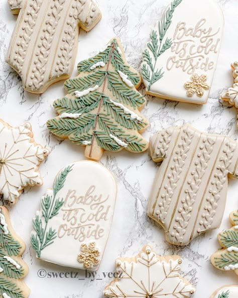 A beautiful winter baby shower cookie set. Warm sweaters, snowflakes, and pine ❄️ Baby it’s cold outside decorated cookies for those winter babyshower party favors Winter Gender Reveal Cookies, Winter Woodland Cookies, Neutral Christmas Cookies, Winter Theme Cookies, Pine Tree Baby Shower Theme, Baby Its Cold Outside Baby Shower Ideas Boy, Baby Shower Ideas Winter Theme, Winter Baby Shower Desserts, January Boy Baby Shower Ideas