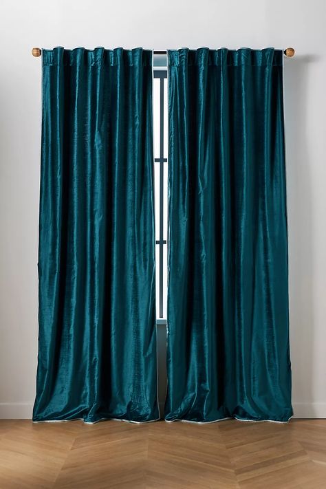 Adelina Velvet Curtain | Anthropologie Velvet Curtain Wall, Teal Curtains, Sky Fit, Curtain Hardware, Summer Bedding, Velvet Curtains, Colorful Curtains, Hanging Curtains, Light Control