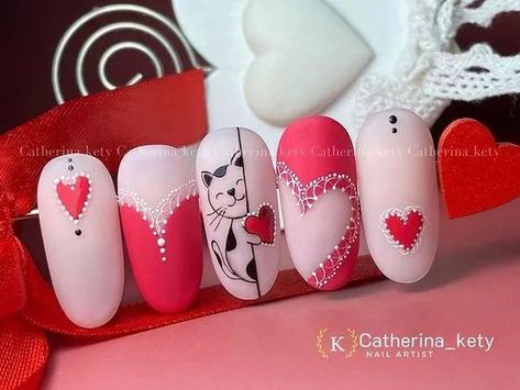 Nail Art Valentines Day Simple, Love Nail Art Designs, Saint Valentine Nails, Heavy Nail Art Design, Rockabilly Nails, Valentine Day Nails, Valentines Nail Art Designs, Classy Nail Art Ideas, Nails Valentine