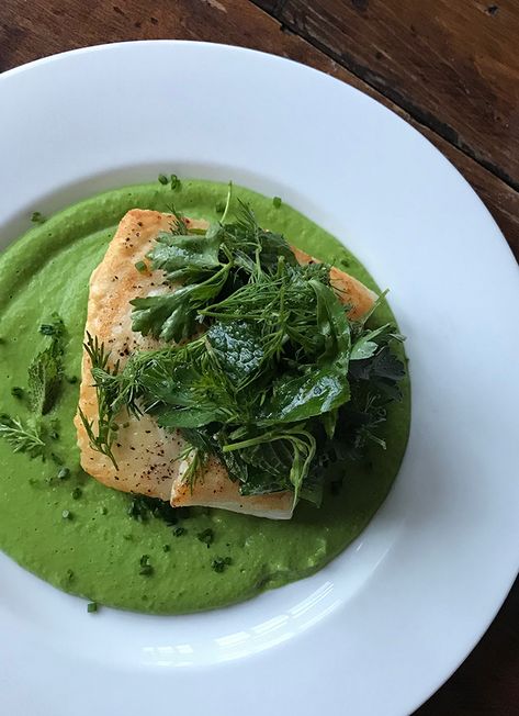 Seared Halibut with Sweet Pea Sauce and Fresh Herb Salad Pea Sauce, Fresh Herb Salad, Seared Halibut, Snap Pea Salad, Grilled Lamb Chops, Grilled Lamb, Herb Salad, Autumn Recipes, Pea Recipes