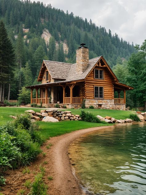 Lakeside Log Home Paradise 🏞️🏡 Ocean Cabin, Woods Living, Cabin Pictures, Log Cabin Living, Cozy Cabins, River Cabin, House Vibes, Lakeside Cabin, Lakeside Living