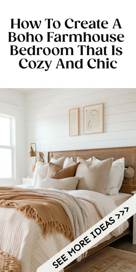 Discover how to create the perfect boho farmhouse bedroom with our easy style guide. Get inspired now. Boho Chic Farmhouse Bedroom, Farmhouse Boho Wall Decor, Farmhouse Boho Bedroom Ideas, Guest Bedroom Boho, Farmhouse Girls Bedroom, Boho Master Room Bedroom Ideas, Cottage Farmhouse Bedroom, Boho Vintage Bedroom, Modern Farmhouse Bedroom Master Suite