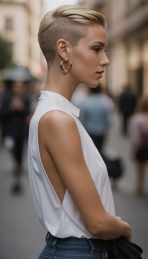 European woman with short haircut shaved side blonde hair blue jeans white top Shaved Sides For Women, Haircuts With Shaved Sides, Blue Jeans White Top, Short Buzzed Hair, Short Hair Shaved Sides, Sleek Short Hair, Shaved Hair Women, Hairstyles For Straight Hair, Shaved Side