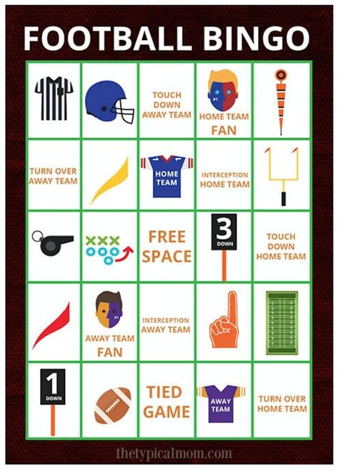 Free and fun games to play at home including this printable football bingo which is perfect for adults and kids alike! Whether you're having a football party or just want a great weekend activity here are 10 activities that will bring you back to your childhood, which ones do you remember? #football #bingo #printables #free #superbowl Football Bingo, Games To Play At Home, Super Bowl Bingo, Football Party Games, Fun Games To Play, Big Games, Football Birthday Party, Pillow Boxes, Free Football