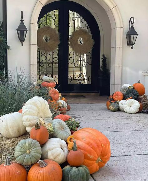 All About This Texas Mom's Thousand-Dollar Pumpkin Decor Business Porch Pumpkins Display, Fall Front Door Decor Ideas, Front Door Decor Ideas, Wooden Homes, Door Decor Ideas, Fall Front Door Decor, Porch Pumpkins, Pumpkin Display, Cozy Backyard