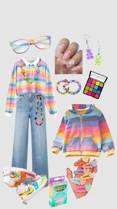 Rainbow Outfit Aesthetic, Pastel Kidcore Outfits, Kidcore Rainbow, Kidcore Outfit, Pastel Kidcore, Soft Kidcore Aesthetic, Soft Kidcore, Rainbow Outfit, Really Cute Outfits