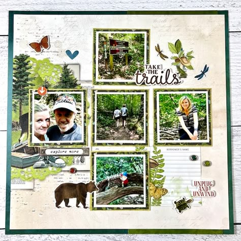 Nature Scrapbook Layouts, Hiking Scrapbook, Outdoors Scrapbook Layouts, Camping Scrapbook Layouts, Nature Scrapbook, Camping Scrapbook, Hiking Ideas, Vacation Scrapbook, Scrapbook Layout Sketches