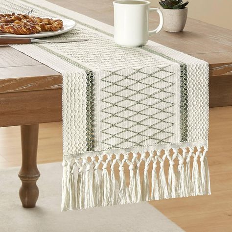 PRICES MAY VARY. Why Choose us? We have chosen more expensive and better yarn to make this product compared to others, giving our products a bright color and better texture. Compared to other low-quality products on the market, our products have a better appearance and workmanship, without any impurities or other strange smells. 12 Inch width macrame style boho table runner, with multi lengths as above, not including tassel length of approximately 4 inches at both ends. These boho runners are de Knit Table Cloth, Table Runners With Tassels Target, Holiday Table Runner Macrame, Green Table Runners, Macrame Dining Table Runner, Weaved Table Runner, Sage Green Table, White Crochet Table Runner, Green Grid