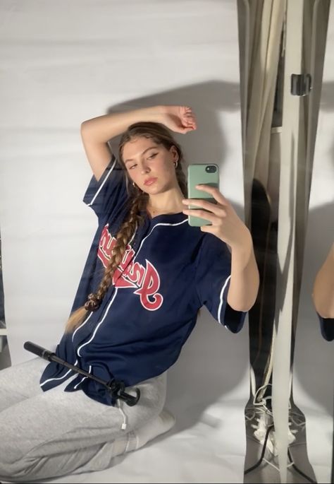 Home photoshoot ideas baseball shirt outfit y2k hair inspo Baseball T Shirt Outfit, Styling Sports Jersey, Baseball Shirt Outfit Women Aesthetic, Baseball Tee Outfit Aesthetic, Baseball Shirt Outfit Aesthetic, 2000s Baseball Jersey Outfit, Casual Blue Baseball Jersey For Streetwear, Baseball Oversized Shirt, Jersey Baseball Outfit