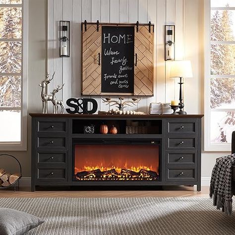 Fireplace TV Stand Dimensions: 31" H x 70" L x 15.1" W, Fits TVs up to 80 inches (TV Stand with Fireplace for 75+ 75 70 65 Inch TVs etc.) Drawers Dimensions: 7.25" H x 12.21" L x 11.81" D Fireplace Tv Stand Decor Ideas, Farmhouse Fireplace Tv, Tv Stand Decor Ideas, Fireplace Console, Fireplace Bookshelves, Fireplace Entertainment Center, Black Fireplace, Fireplace Entertainment, Electric Fireplace Tv Stand