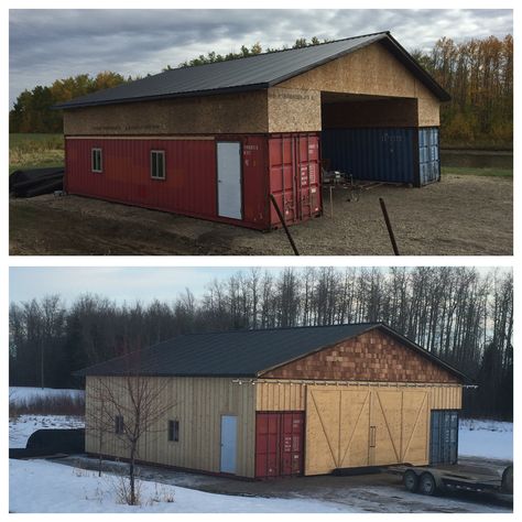 Our Shipping Container/Seacan Barn Alberta, Canada Shipping Container Barn, Container Sheds, Container Garage, Shipping Container Sheds, Shipping Container Buildings, Shipping Container Ideas, Plan Garage, Container Shipping, Workshop Diy