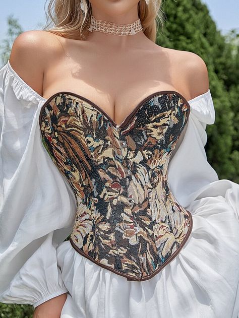 Free Returns ✓ Free Shipping On Orders $49+ ✓. Vintage Floral Pattern Lace-Up Grommet Boned Overbust Corset- Women Shapewear Tops at SHEIN. Overbust Corset Outfit, Corset Outfit, Old Fashion Dresses, Overbust Corset, Vintage Floral Pattern, Corsets And Bustiers, Illustration Fashion Design, Floral Denim, Pink Prom Dresses