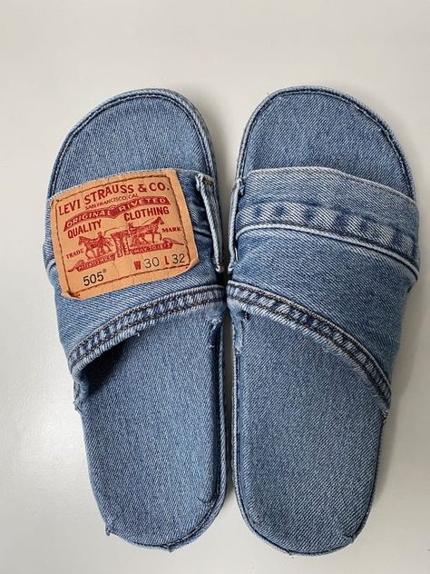 Denim Upcyclers Denim Slides, Jean Shoes, Corset Fashion Outfits, Mens Leather Sandals, All Jeans, Denim Diy, Aesthetic Shoes, Denim Shoes, Swag Shoes