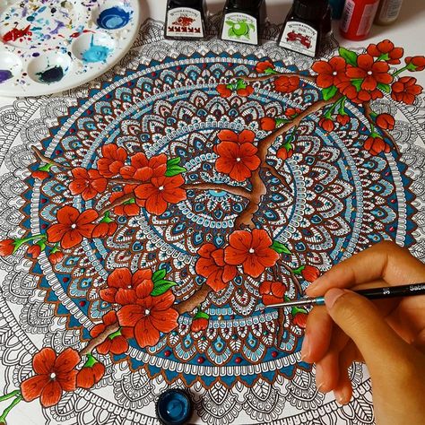 I'm so glad I bit the bullet and created a cherry blossom #mandala! 💖 This original piece is still available from my site! Mandela Sketches, Cherry Blossom Mandala, Buddhist Mandala Art, Charminar Mandala Art, Orange Mandala Art, Mandala Artwork Colourful, Pencil Artwork, Mandala Art Therapy, Colored Pencil Artwork