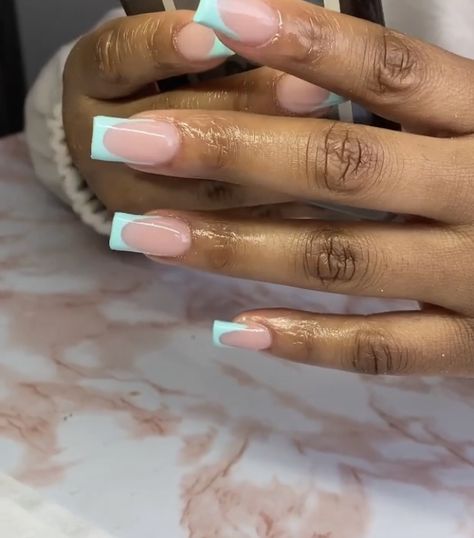 Short Ish Acrylic Nails, Square Acrylic Nails French Tips Color, Light Teal French Tip Nails, Teal French Tip Nails Square, Tiffany Blue French Tip Nails, French Tip Nails Teal, Simple Teal Nails, Pastel Blue French Tip Nails, Teal French Nails