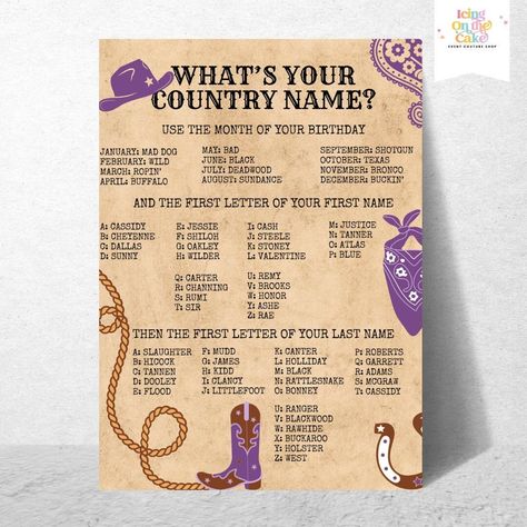 Saddle up and wrangle some wild fun at your next hoedown with our What's Your Country Name Printable Party Game. This rootin' tootin' game is a hoot for western and rodeo enthusiasts alike, adding a touch of country charm to your gathering. 🤠 How to Rustle:  1.  Purchase the listing. 2. Download the PDF file containing the template link. 3. Open the template in Canva and select "Use Template as a New Design." 4. With the editable Canva template included, brand the title, modify colors, or graph Games For Western Theme Party, Adult Cowboy Party Games, Western Themed Games, Country Games Cowboy Party, Cowboy Name Generator, Cowboy Event, Western Party Games, Hoedown Throwdown, Rootin Tootin