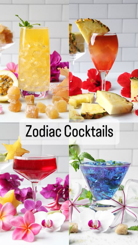 Four colorful, tropical cocktails Zodiac Alcohol Drinks, Cute Birthday Cocktails, 30th Birthday Drinks Alcohol, Zodiac Sign Cocktails, 25th Birthday Cocktails, Drink Theme Ideas, Friend Cocktail Night, Zodiac Cocktails Sagittarius, Best Birthday Cocktails