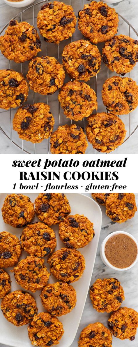 These thick + chewy healthy sweet potato oatmeal raisin cookies areso easy! They’re completely flourless and made with nutritious oats, sweet potato and almond butter. Such a great post-workout snack, breakfast, or dessert. #oatmealcookierecipes #cookierecipes #healthysnack #holidaydesserts Canned Sweet Potato Recipes, Sweet Potato Oatmeal, Sweet Potato Dessert Recipes, Oatmeal Raisin Cookies Healthy, Sweet Potato Cookies, Sweet Potato Dessert, Sweet Potato Recipes Healthy, Cookies Chewy, Healthy Sweet Potato