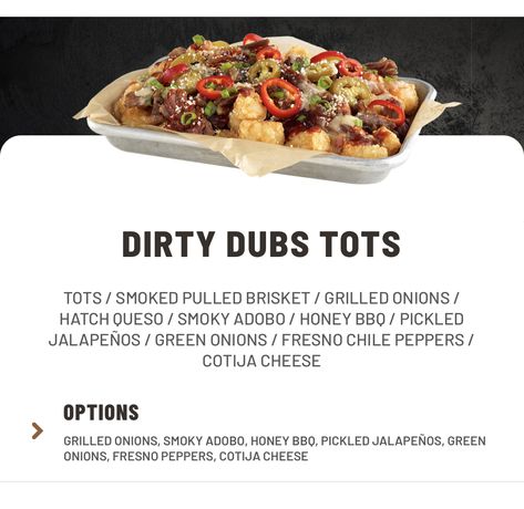 Dirty Tots Recipe, Pulled Brisket, Fresno Peppers, Buffalo Wild Wings, Potato Pasta, Grilled Onions, Football Food, Game Day Food, Appetizer Dips