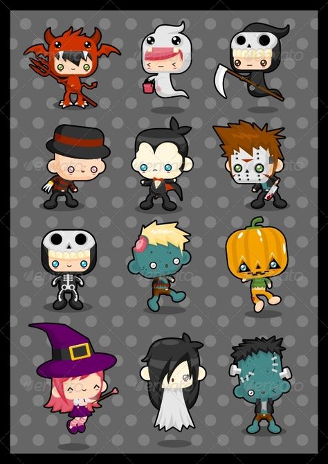 Kawaii Costume Pack: Halloween  #GraphicRiver         12 cute characters wearing various halloween costume Baby Star Wars Costume, Disney Dog Costume, Cute Halloween Characters, Halloween Banners, Halloween Doodles, Horror Costume, Casa Halloween, Star Wars Halloween, Cartoon Halloween