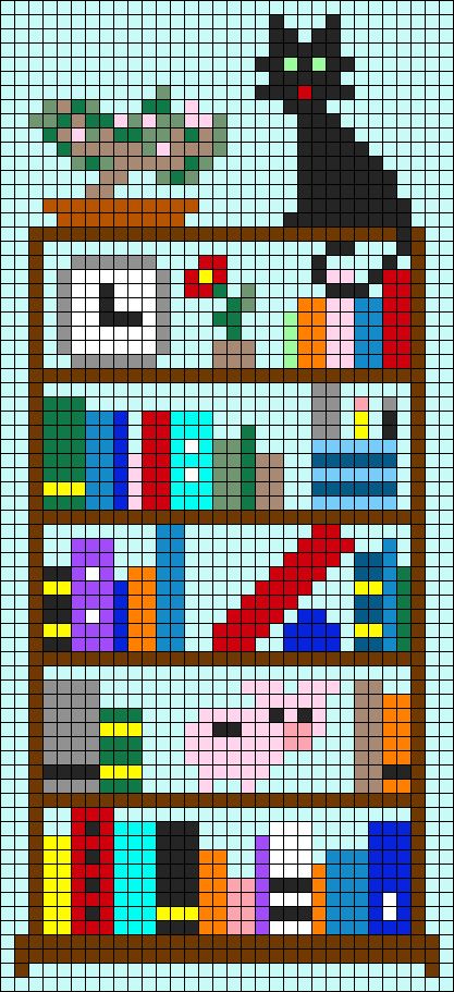 Clothes Pixel Art, Pixel Bookshelf, Pixel Art Bookshelf, Books Pixel Art, Book Pixel Art, Bookshelf Cross Stitch Pattern, Pig Alpha Pattern, Alpha Pattern Books, Nerdy Alpha Pattern