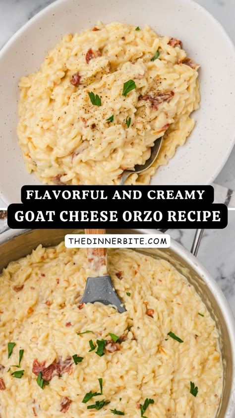 Looking for a unique and delicious recipe that will impress your guests? Look no further! This Flavorful and Creamy GOAT CHEESE ORZO is a game-changer that you don't want to miss. Packed with flavors and a creamy, smooth texture, this dish is guaranteed to leave your taste buds craving more. Don't wait any longer - dive into this scrumptious recipe now. Orzo Recipes Mediterranean, Creamy Vegetarian Recipes, No Cheese Dinner Recipes Dairy Free, Recipes Using Goat Cheese Dinners, Dinner With Goat Cheese, Unique Healthy Meals, What To Do With Goat Cheese, Goat Cheese Dinner Recipes, Soft Goat Cheese Recipes