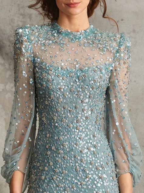 This elegant Jenny Packham evening gown features illusion neckline and sleeves adorned with hundreds of sparkly beads and crystal gemstones throughout the entire gown, perfect for any special occasions! Bridesmaid Dresses Ideas, Elven Dress, Beautiful Evening Gowns, Fashion Show Dresses, Bride Dress Simple, Elegant Casual Dress, Long Gowns, Long Sleeve Evening Gowns, Mother Of The Bride Gown