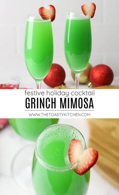 Grinch mimosa recipe by The Toasty Kitchen. What's better than mimosas at brunch? How about a festive Grinch mimosa for the holiday season! Made with champagne, orange juice, and a splash of blue curacao for a perfectly grinchy green hue. #grinchmimosa #greenmimosa #holidaycocktail #cocktails #mimosas #drink #alcoholic #recipe Grinch Mimosa, Grinch Drink, Champagne Orange, Xmas Drinks, Christmas Drinks Alcohol Recipes, Festive Holiday Cocktails, Christmas Drinks Recipes, Christmas Drinks Alcohol, Christmas Punch Recipes