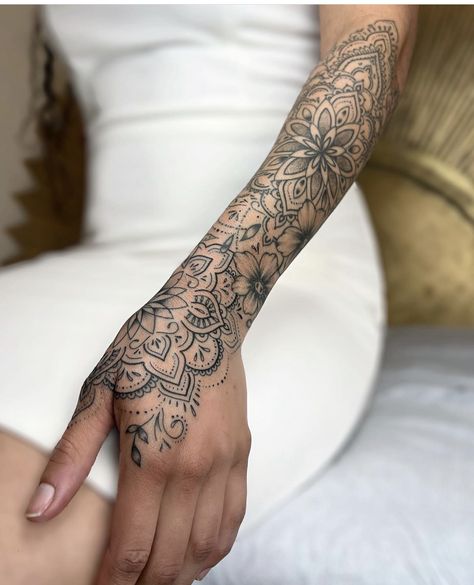 Pick Tattoo, Mandala Tattoo Sleeve Women, Forearm Mandala Tattoo, Lace Sleeve Tattoos, Mandala Arm Tattoos, Sleeve Inspiration, 2024 Tattoo, Tattoos Hand, Mandala Hand Tattoos