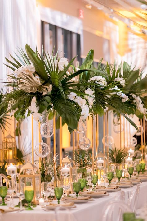 Tropical Floral Centerpieces, High Centerpieces, Flower Activities, Green Goblets, Tropical Wedding Centerpieces, Cost Rica, Tropical Centerpieces, Tropical Wedding Theme, Tropical Glam