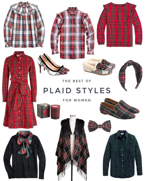 Tartan plaid outfit ideas, including a red plaid dress, faux fur plaid cape, black watch plaid button up shirt, tartan knot headband, Stewart plaid smoking loafers, and cute ruffle plaid tops! Plaid Headband Outfit, Tartan Outfit Women, Tartan Shirt Outfit, Plaid Blouse Outfit, Tartan Dress Outfit, Plaid Outfit Ideas, Tartan Blouse, Button Down Outfit, Stewart Plaid