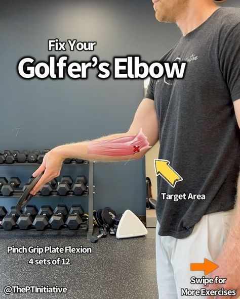 Dr. Adam McCluskey PT, DPT on Instagram: "💥Golfers Elbow Rehab! (Medial Elbow Pain)💥 Swipe Left! + Full Programs in Bio Link —- 👉🏽Medial epicondylitis (aka golfers elbow) usually presents with dull, aching pain at the inside of the elbow. —- 📝Your forearm flexor and pronator muscles all attach to a common point on the inside of the elbow. So typically activation of these muscle can be painful. —— 💎This pain usually develops when the demand placed through the forearm flexors/pronators muscles exceeds what they can handle. This leads to pain at the common flexor tendon. —- 🔑The key in the early phases of injuries like these is making modifications to limit strain through the forearm/elbow, soft tissue work for the acute pain, and light exercises to begin building up tolerance. —- 😉BT Golfers Elbow Exercises, Pt Exercises, Elbow Exercises, Golfers Elbow, Forearm Workout, Wrist Exercises, Elbow Pain, Light Exercise, Playing Golf