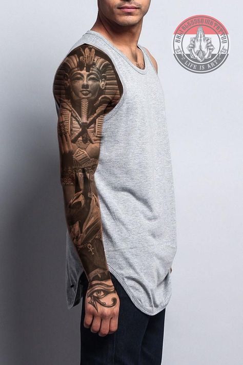 Egyptian Tattoo Sleeve Men Arm, Egyptian Sleeve, Tattoo Full Sleeve, Egypt Tattoo Design, Arm Cover Up Tattoos, Calf Tattoo Ideas, Roy Cohn, Armband Tattoos For Men, Where Tattoo