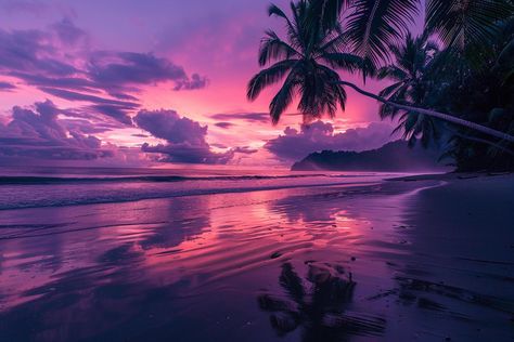 Adventure Palm Fringed Beach with Vibrant Pink and Purple Hues of Twilight Reflecting on the Waters Surface nature background Seasonal Backgrounds, Sunsets Hawaii, Calming Images, Purple Beach, Purple Sunset, 3d Landscape, Sunset Background, Sunset Sea, Nature Background