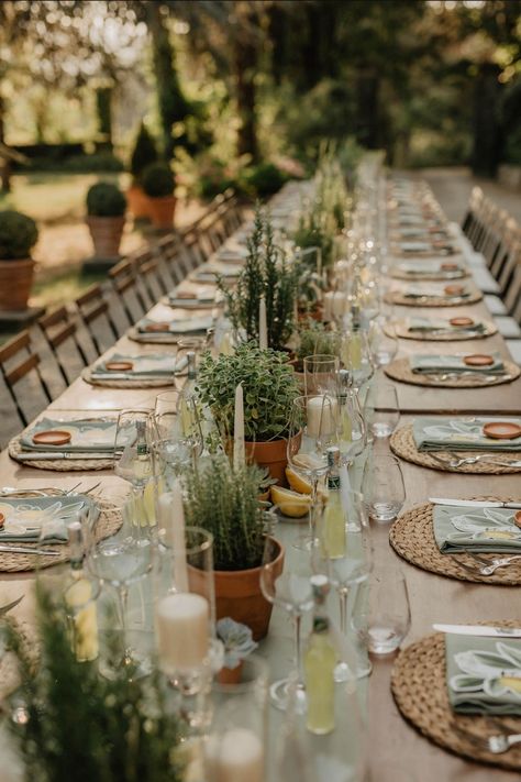 Simple Decor Wedding Reception, Rustic Chic Wedding Table Decor, Elegant Garden Wedding Reception, Wedding Colour Theme Ideas, June Wedding Table Decor, Earthy Table Setting, Italian Table Scape, Long Table Decor Wedding, Long Table Wedding Layout