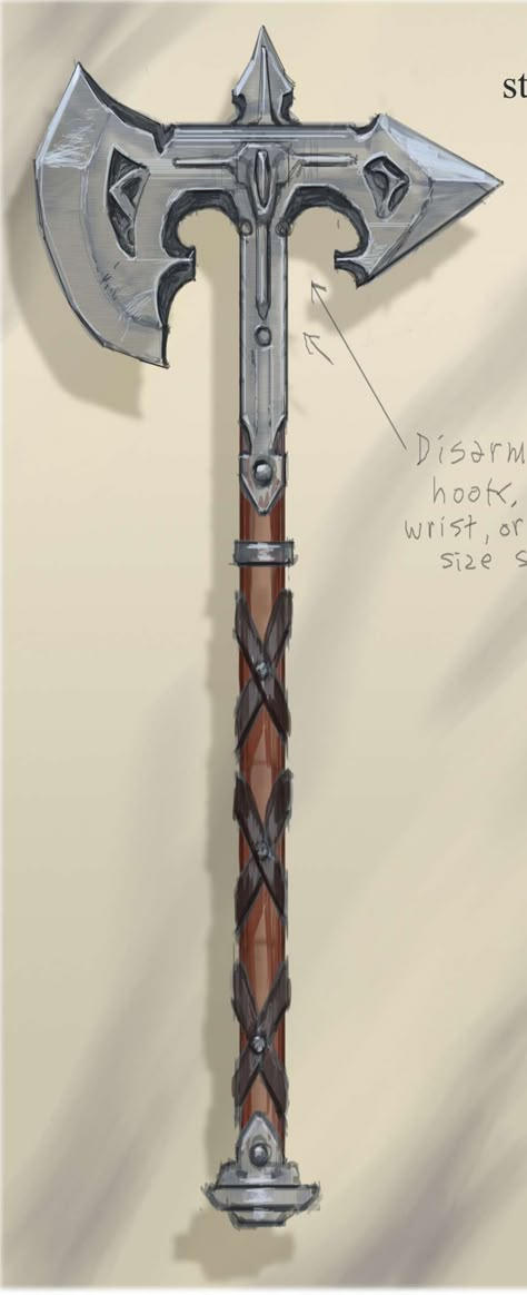 Steel Battle Axe concept art from The Elder Scrolls V: Skyrim by Adam Adamowicz Fantasy Battle Axes Design, Dwarven Greataxe, Fantasy Axes Design, Adam Adamowicz, Skyrim Concept Art, Battle Hammer, Elder Scrolls V Skyrim, Cool Swords, The Elder Scrolls