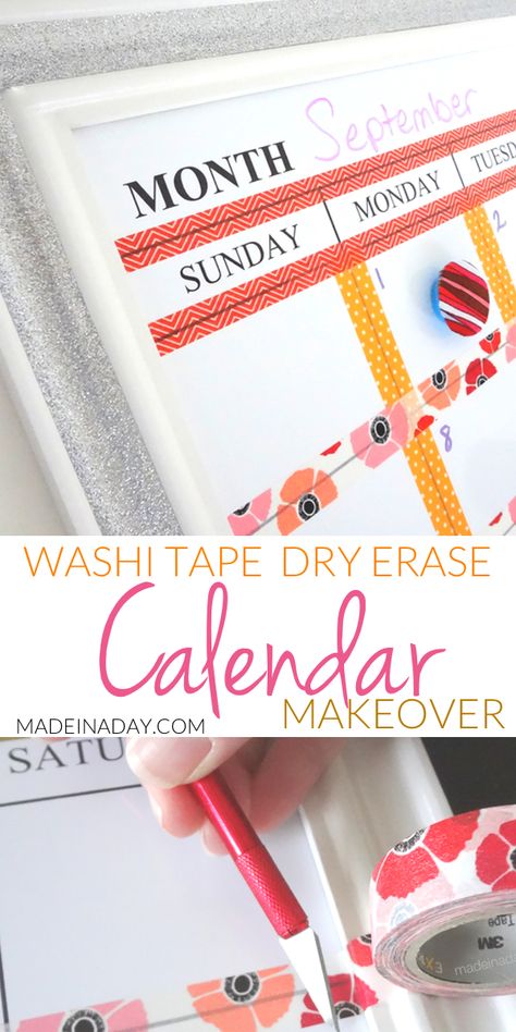 Washi Tape Dry Erase Calendar Makeover, Customize a Dry Erase calendar with Washi Tape! #washitape #calendar #dryerase Desk Calendar Ideas, Diy Calendar Wall, Washi Tape Calendar, Diy Dry Erase Board, Diy Whiteboard, Washi Tape Wall, Diy Desk Calendar, Washi Tape Projects, Dry Erase Board Calendar